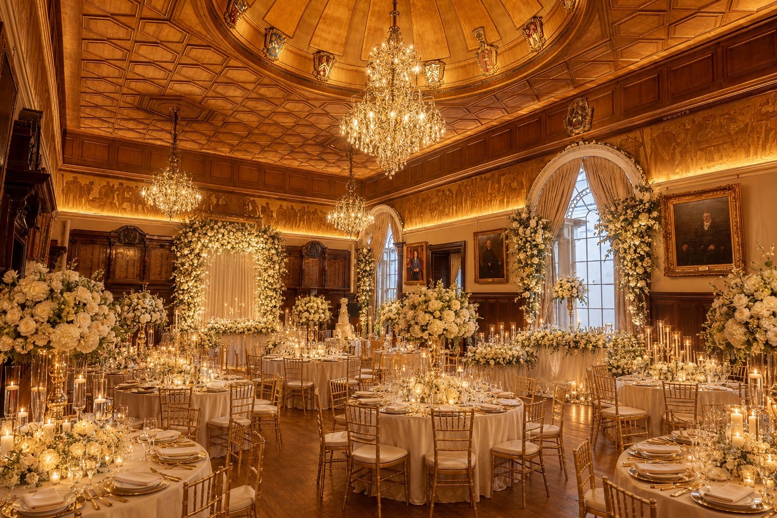 The Grand Hall at Trades Hall Glasgow, with chandeliers above tables set for an event